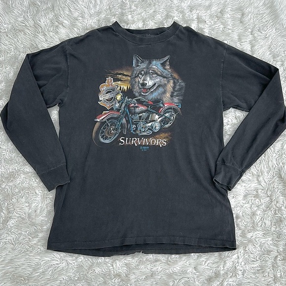 Vtg 1989 3D Emblem Harley Davidson Survivors Wolf LS t-shirt XL single stitch - Picture 1 of 13